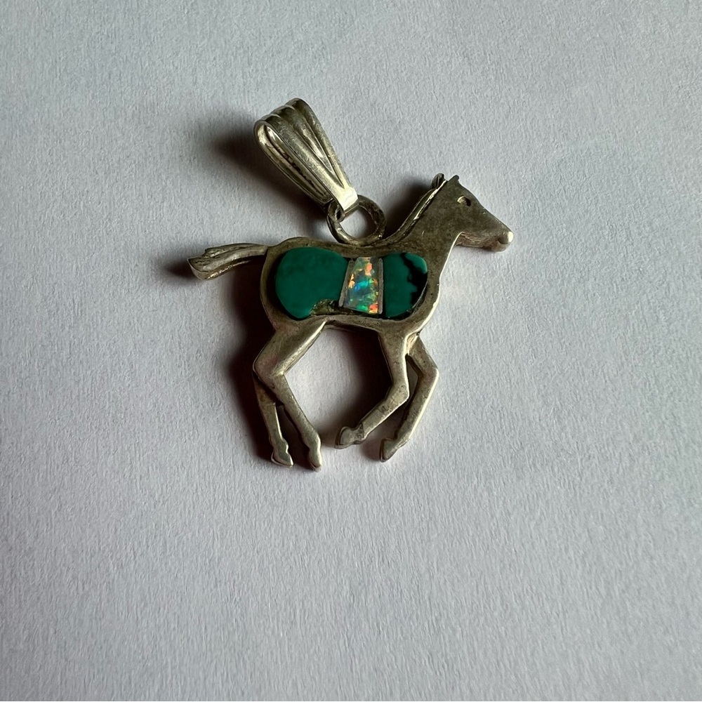 Calvin Begay Navajo Pendant Sterling Silver Horse Turquoise Opal Inlay Signed